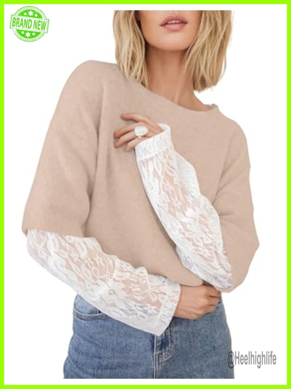 Lace Long Sleeve Crewneck Ribbed Knit Pullover Sweater